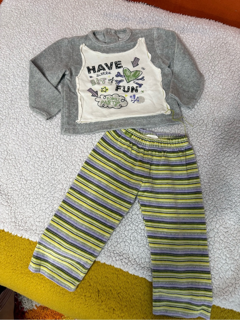 Gray Top & Striped Green-Purple Pants Kids Set